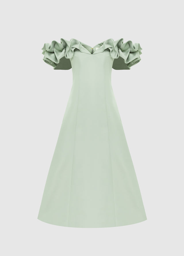 Exclusive Leo Lin Annie Off Shoulder Frill Midi Dress - Sage