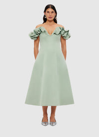 Exclusive Leo Lin Annie Off Shoulder Frill Midi Dress - Sage