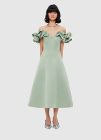 Exclusive Leo Lin Annie Off Shoulder Frill Midi Dress - Sage