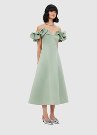 Exclusive Leo Lin Annie Off Shoulder Frill Midi Dress - Sage