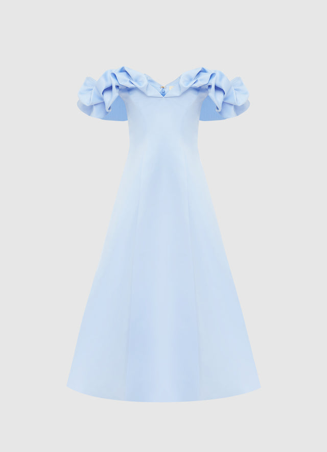 Exclusive Leo Lin Annie Off Shoulder Frill Midi Dress - Sky Blue