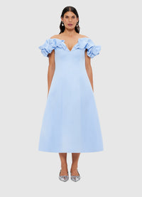 Exclusive Leo Lin Annie Off Shoulder Frill Midi Dress - Sky Blue