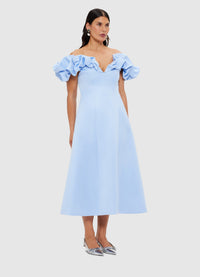 Exclusive Leo Lin Annie Off Shoulder Frill Midi Dress - Sky Blue