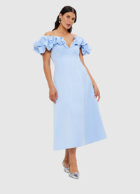 Exclusive Leo Lin Annie Off Shoulder Frill Midi Dress - Sky Blue