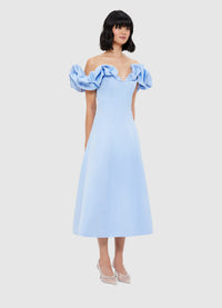 Exclusive Leo Lin Annie Off Shoulder Frill Midi Dress - Sky Blue