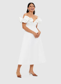 Exclusive Leo Lin Annie Off Shoulder Frill Midi Dress - Snow