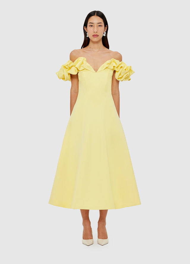 Exclusive Leo Lin Annie Off Shoulder Frill Midi Dress - Sorbet Yellow