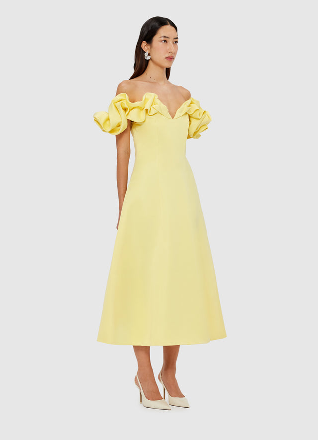 Exclusive Leo Lin Annie Off Shoulder Frill Midi Dress - Sorbet Yellow