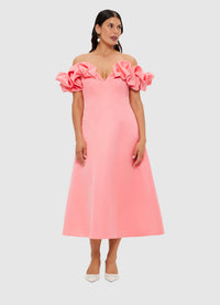 Exclusive Leo Lin Annie Off Shoulder Frill Midi Dress - Strawberry Pink