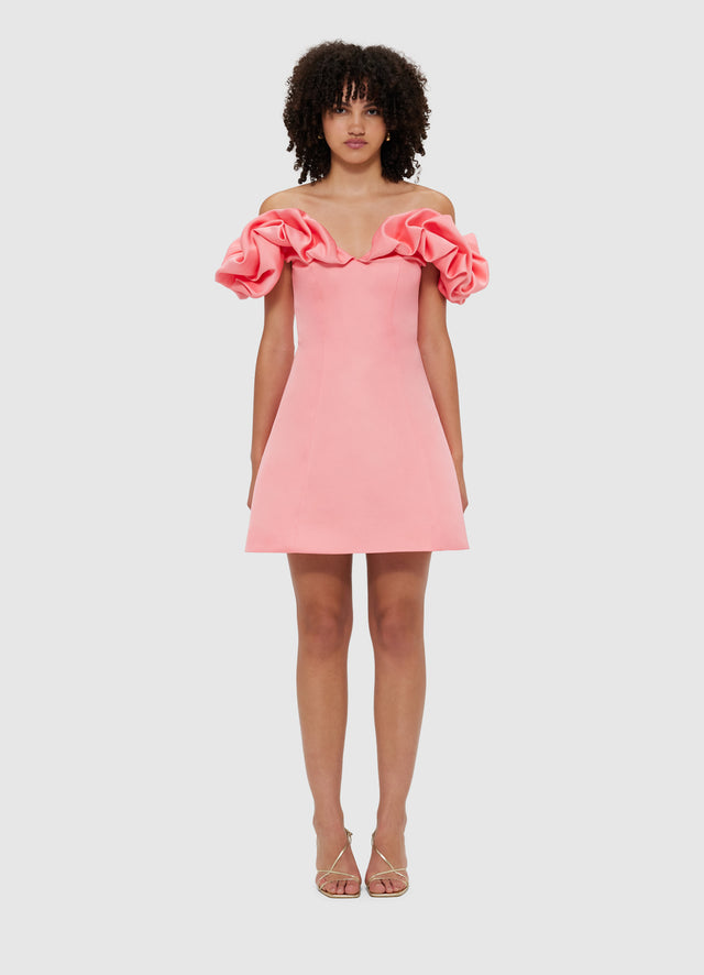 Exclusive Leo Lin Bella Off Shoulder Frill Mini Dress in Strawberry Pink