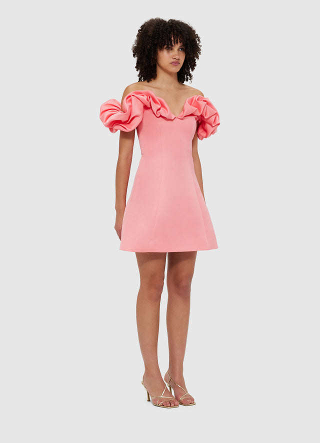 Exclusive Leo Lin Bella Off Shoulder Frill Mini Dress in Strawberry Pink