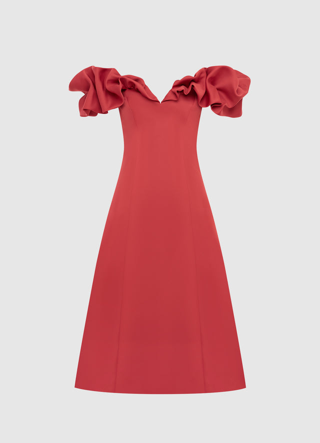 Exclusive Leo Lin Annie Off Shoulder Frill Midi Dress - Mulberry