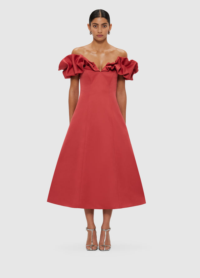 Exclusive Leo Lin Annie Off Shoulder Frill Midi Dress - Mulberry