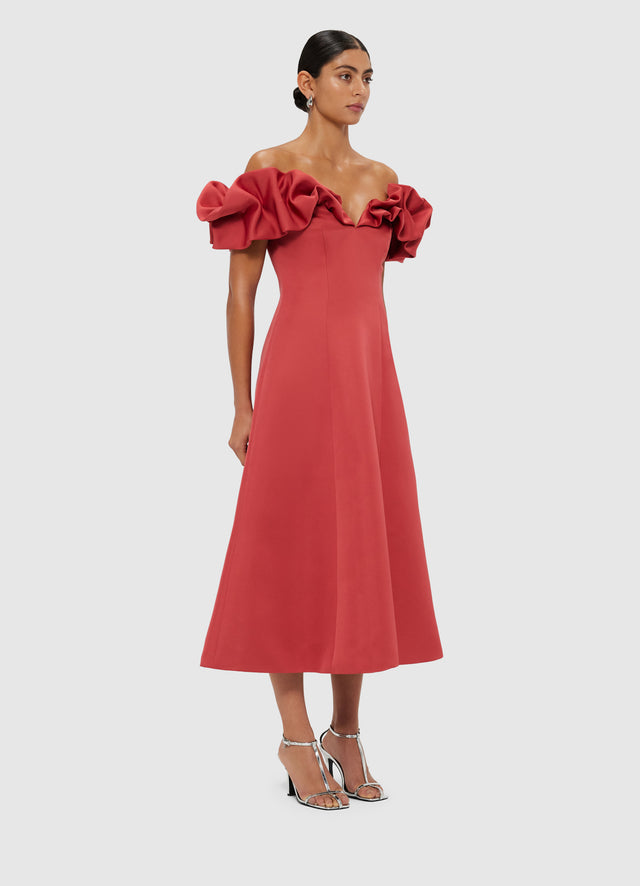 Exclusive Leo Lin Annie Off Shoulder Frill Midi Dress - Mulberry