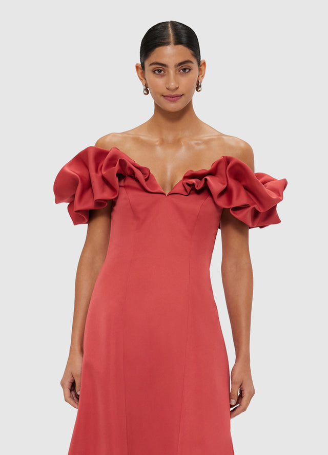 Exclusive Leo Lin Annie Off Shoulder Frill Midi Dress - Mulberry