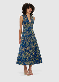 Exclusive Leo Lin Nicola V Neck Midi Dress - Marine Blue