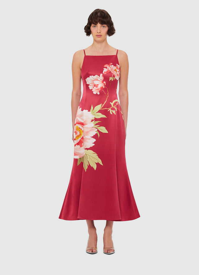 Exclusive Leo Lin Regina Wool Blend Midi Dress in Prosperity Print in Garnet