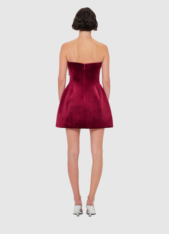 Exclusive Leo Lin Rosanne Velvet Appliqué Floral Bustier Mini Dress in Garnet