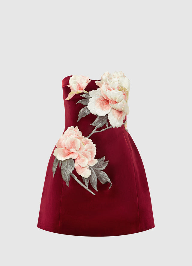 Exclusive Leo Lin Rosanne Velvet Appliqué Floral Bustier Mini Dress in Garnet