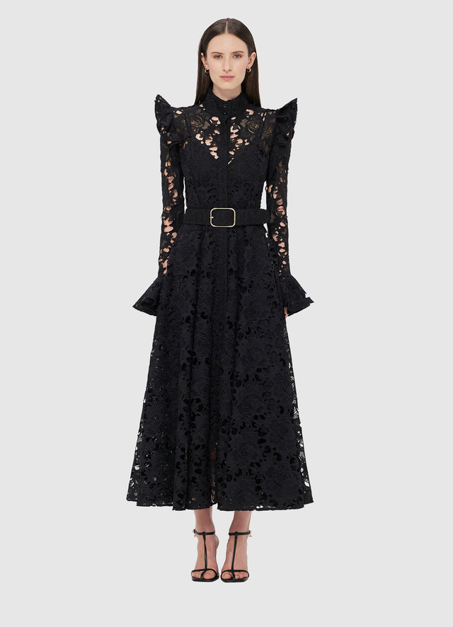 Exclusive LEO LIN Aliyah Lace Butterfly Sleeve Midi Dress - Ebony