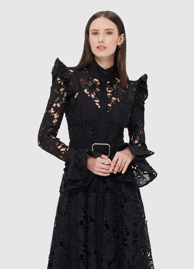 Exclusive LEO LIN Aliyah Lace Butterfly Sleeve Midi Dress - Ebony