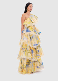 Exclusive Leo Lin Paloma One Shoulder Ruffled Gown - Bouquet Print