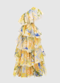 Exclusive Leo Lin Paloma One Shoulder Ruffled Gown - Bouquet Print