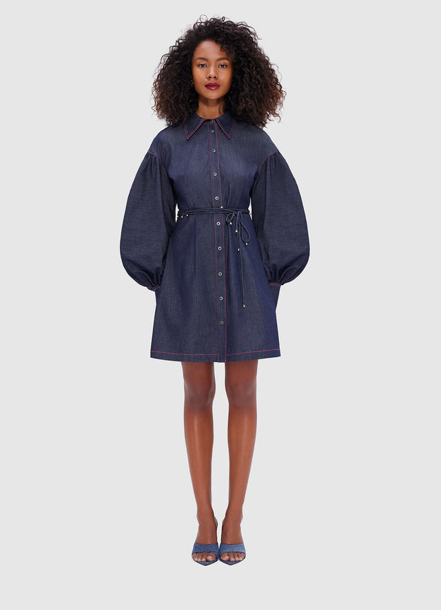 Exclusive Leo Lin Juliana Shirt Denim Mini Dress- Indigo