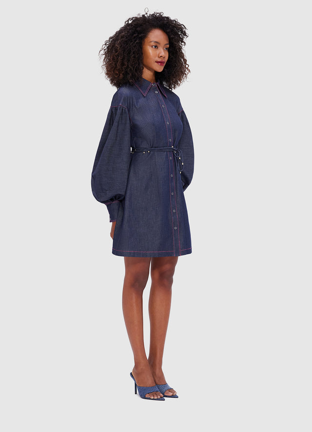 Exclusive Leo Lin Juliana Shirt Denim Mini Dress- Indigo