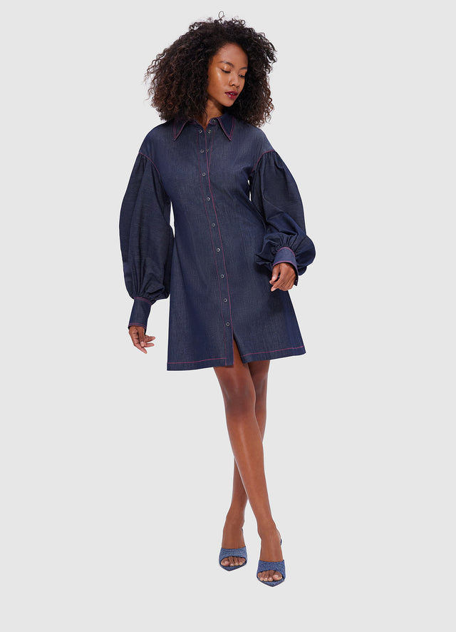 Exclusive Leo Lin Juliana Shirt Denim Mini Dress- Indigo