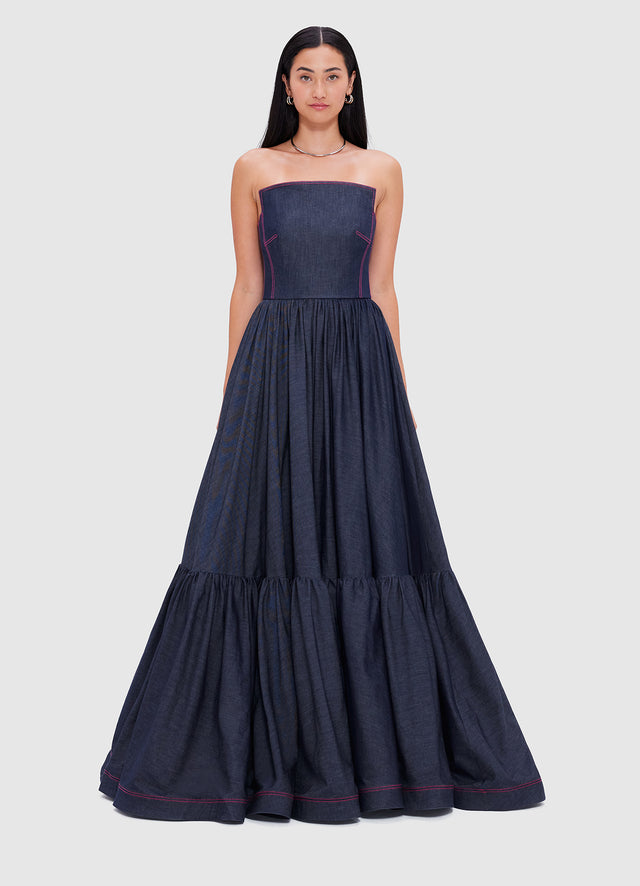 Exclusive Leo Lin Delilah Denim Bustier Gown - Indigo