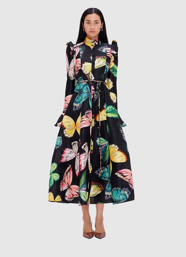 Exclusive Leo Lin Katrina Butterfly Sleeve Midi Dress - Papillon Print in Black