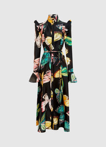 Katrina Butterfly Sleeve Midi Dress - Papillon Print in Black