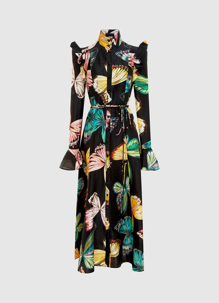 Exclusive Leo Lin Katrina Butterfly Sleeve Midi Dress - Papillon Print in Black
