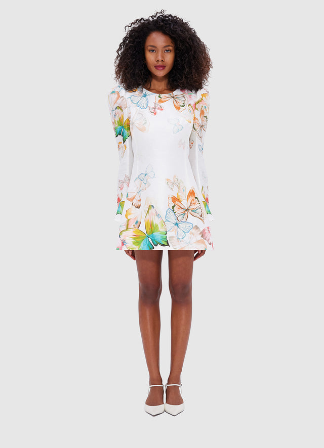 Exclusive Leo Lin Sylvana Bell Sleeve Mini Dress - Papillon Print in White