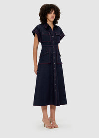 Audrey Pocket Shirt Denim Midi Dress - Indigo