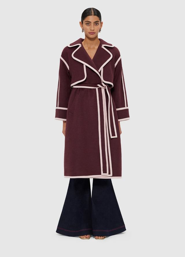 3 in 1 Erin Contrast Stitch Wool Blend Coat - Burgundy