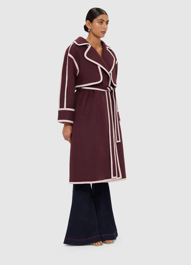 3 in 1 Erin Contrast Stitch Wool Blend Coat - Burgundy