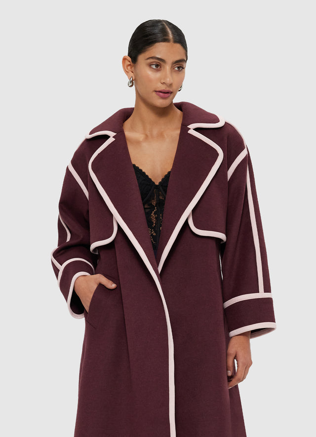 3 in 1 Erin Contrast Stitch Wool Blend Coat - Burgundy