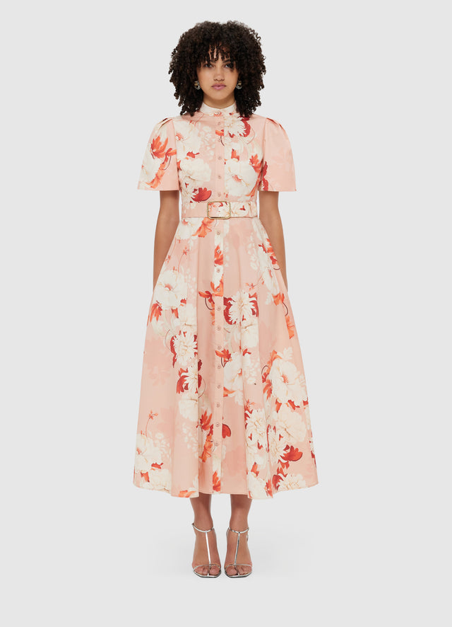 Exclusive Leo Lin Bianca Short Sleeve Midi Dress - Peony Print