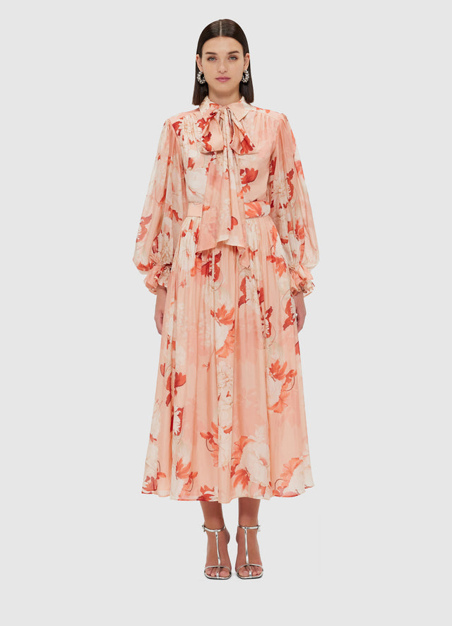 Exclusive Leo Lin Cassie Tie Neck Midi Dress - Peony Print