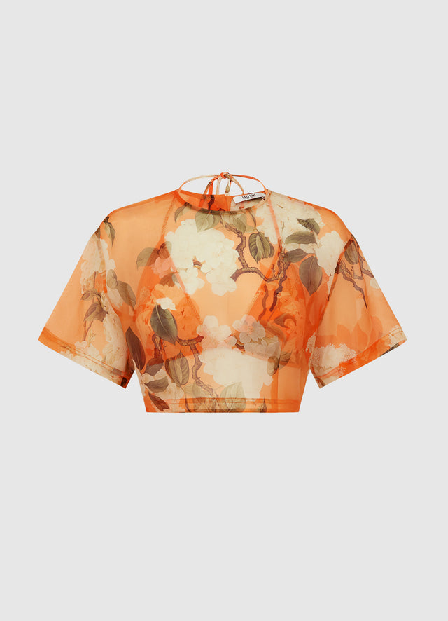 Exclusive Leo Lin Indie Sleeve Top - Hydrangea Print in Tangerine