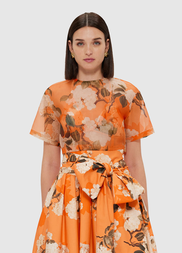 Exclusive Leo Lin Indie Sleeve Top - Hydrangea Print in Tangerine