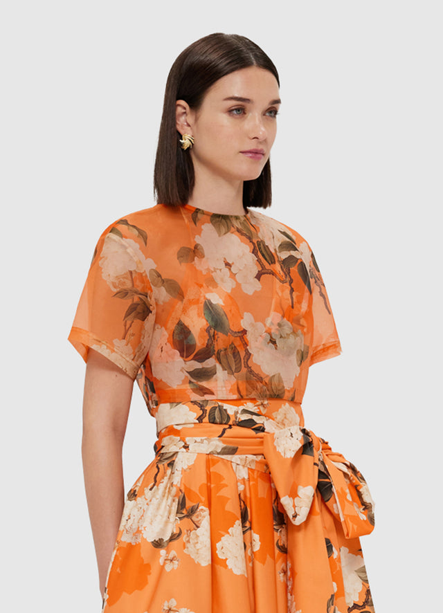 Exclusive Leo Lin Indie Sleeve Top - Hydrangea Print in Tangerine