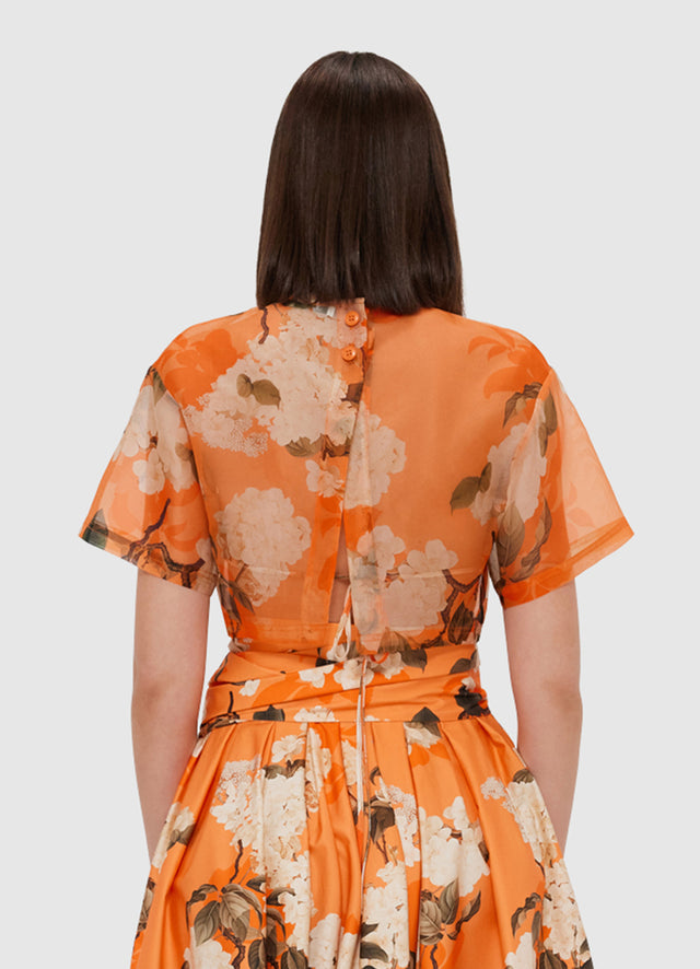 Exclusive Leo Lin Indie Sleeve Top - Hydrangea Print in Tangerine