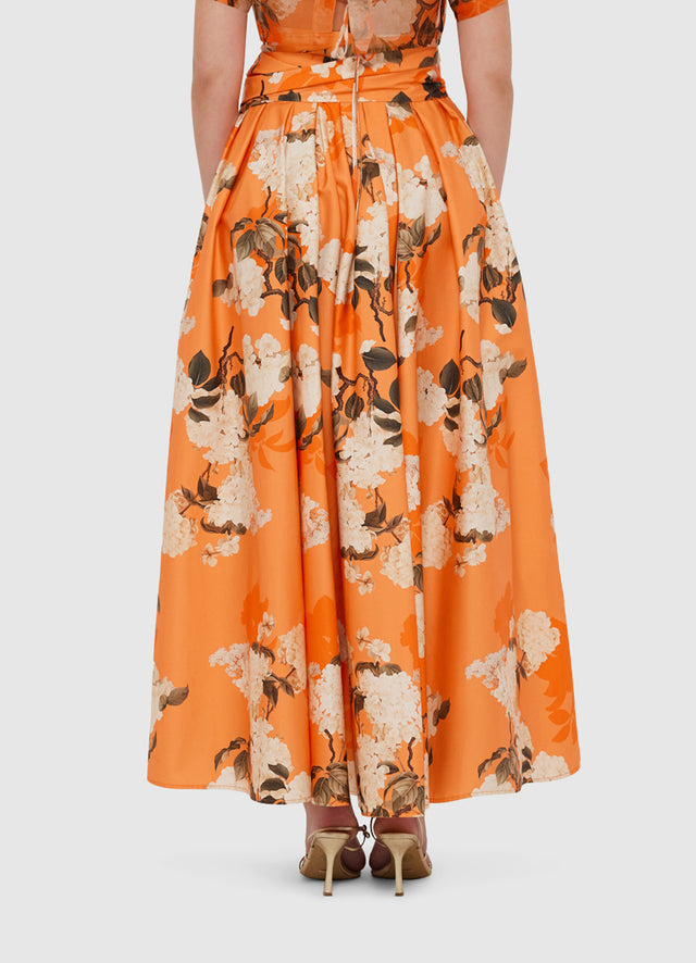 Exclusive Leo Lin Valerie Maxi Skirt - Hydrangea Print in Tangerine