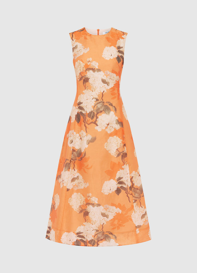 Exclusive Leo Lin Cleo Sleeveless Midi Dress - Hydrangea Print in Tangerine