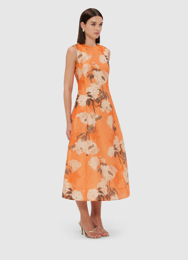 Exclusive Leo Lin Cleo Sleeveless Midi Dress - Hydrangea Print in Tangerine