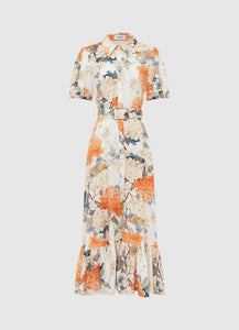 Bianca Short Sleeve Midi Dress - Hydrangea Print in Vanilla