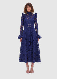 Exclusive Leo Lin Aliyah Lace Butterfly Sleeve Midi Dress in Oxford blue
